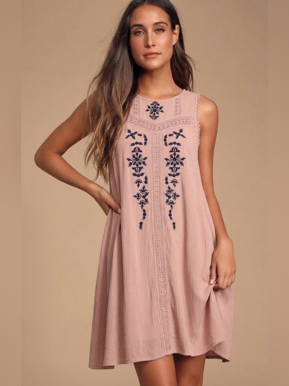 Blue Rain Sleeveless Embroidered Mini Dress - Dusty Rose